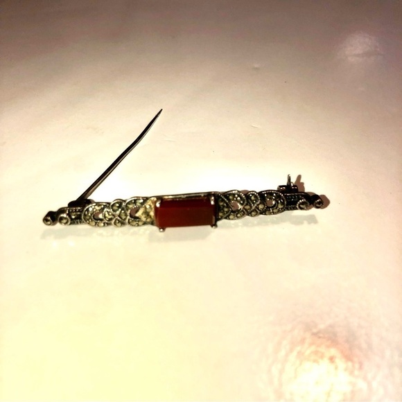 VTG Art Deco Sterling Carnelian & Marcasite Brooch Pin 2.5” - Picture 4 of 6